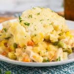 plate of chicken cobbler with mixed veggies.