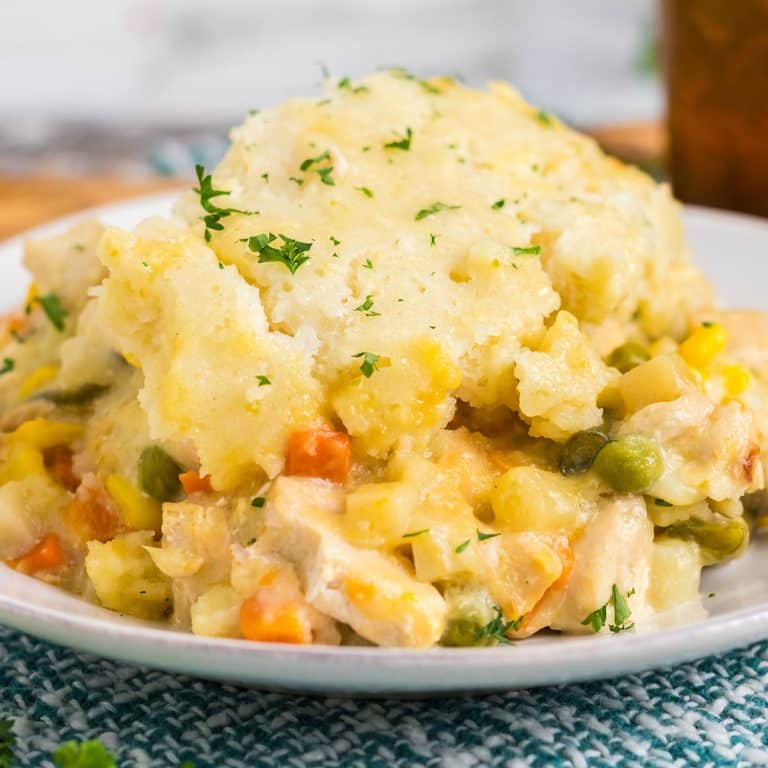 plate of chicken cobbler with mixed veggies.