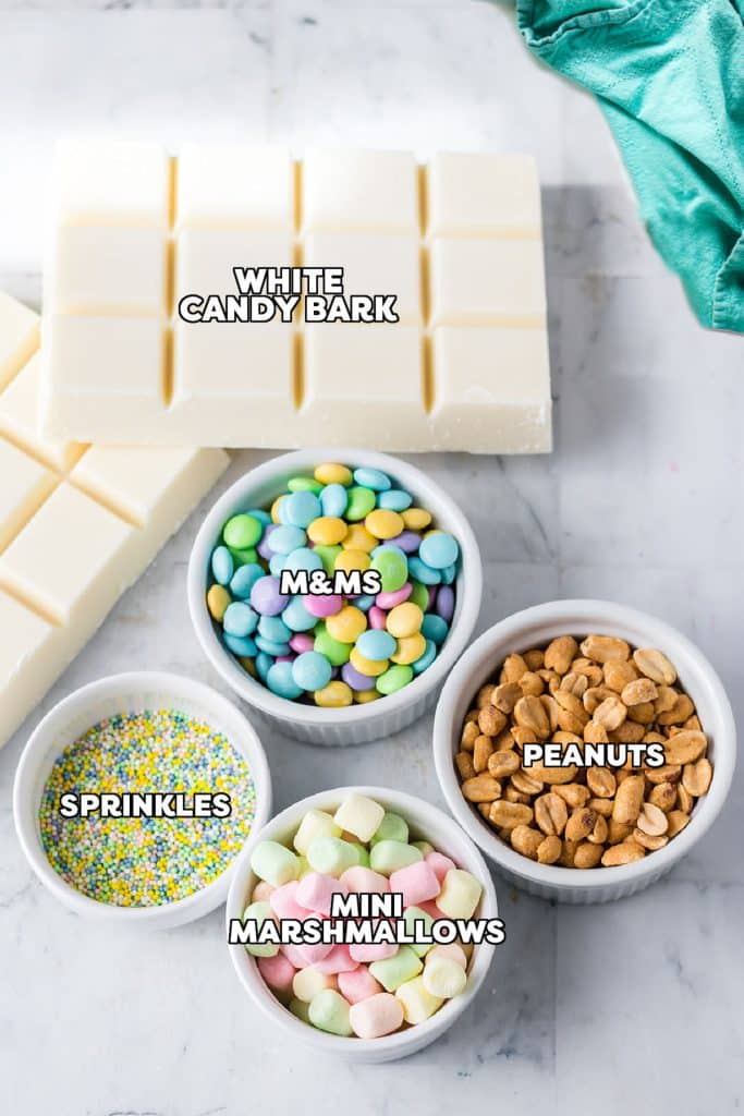 overhead shot of labeled ingredients laid out to make easter candy.