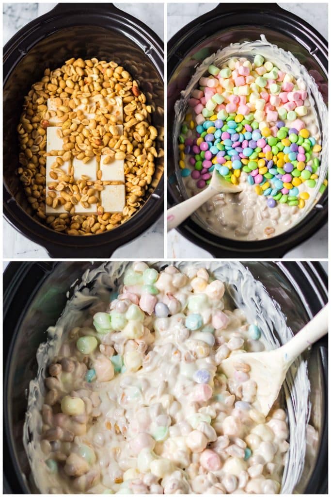 collage of 3 photos showing the process of making easter candy in the slow cooker.