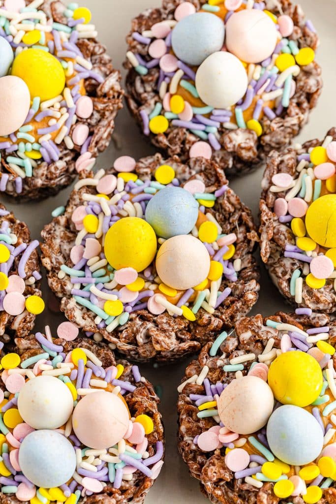 closeup of chocolate bird nest cookies on a plate.