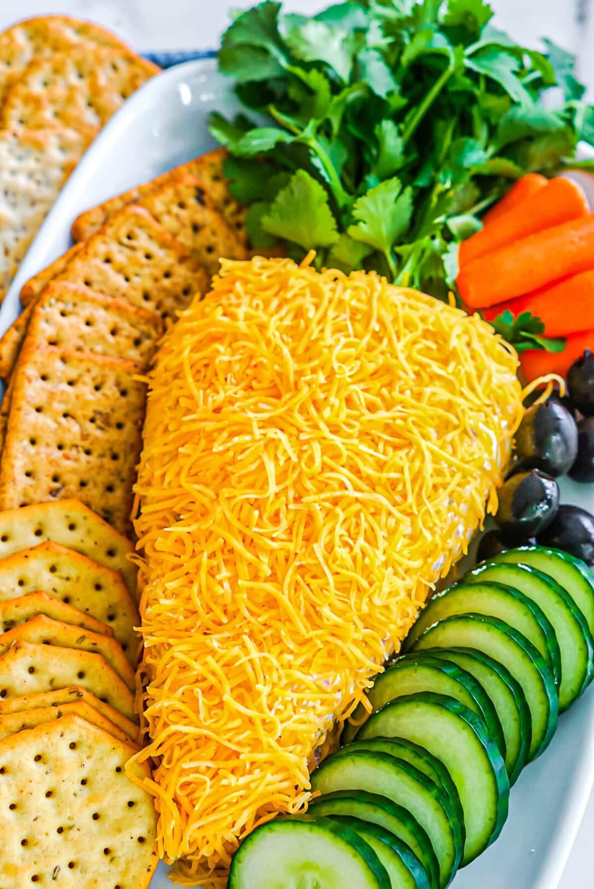 carrot shaped cheese ball on a platter with veggies and crackers.