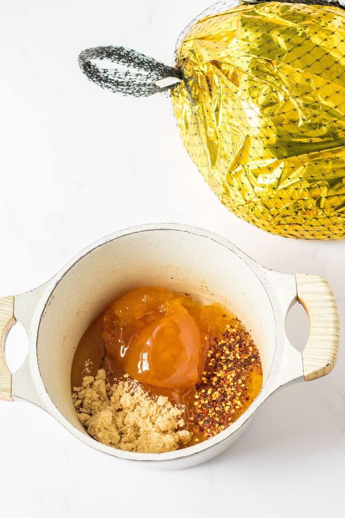 saucepan filled with ham glaze ingredients.