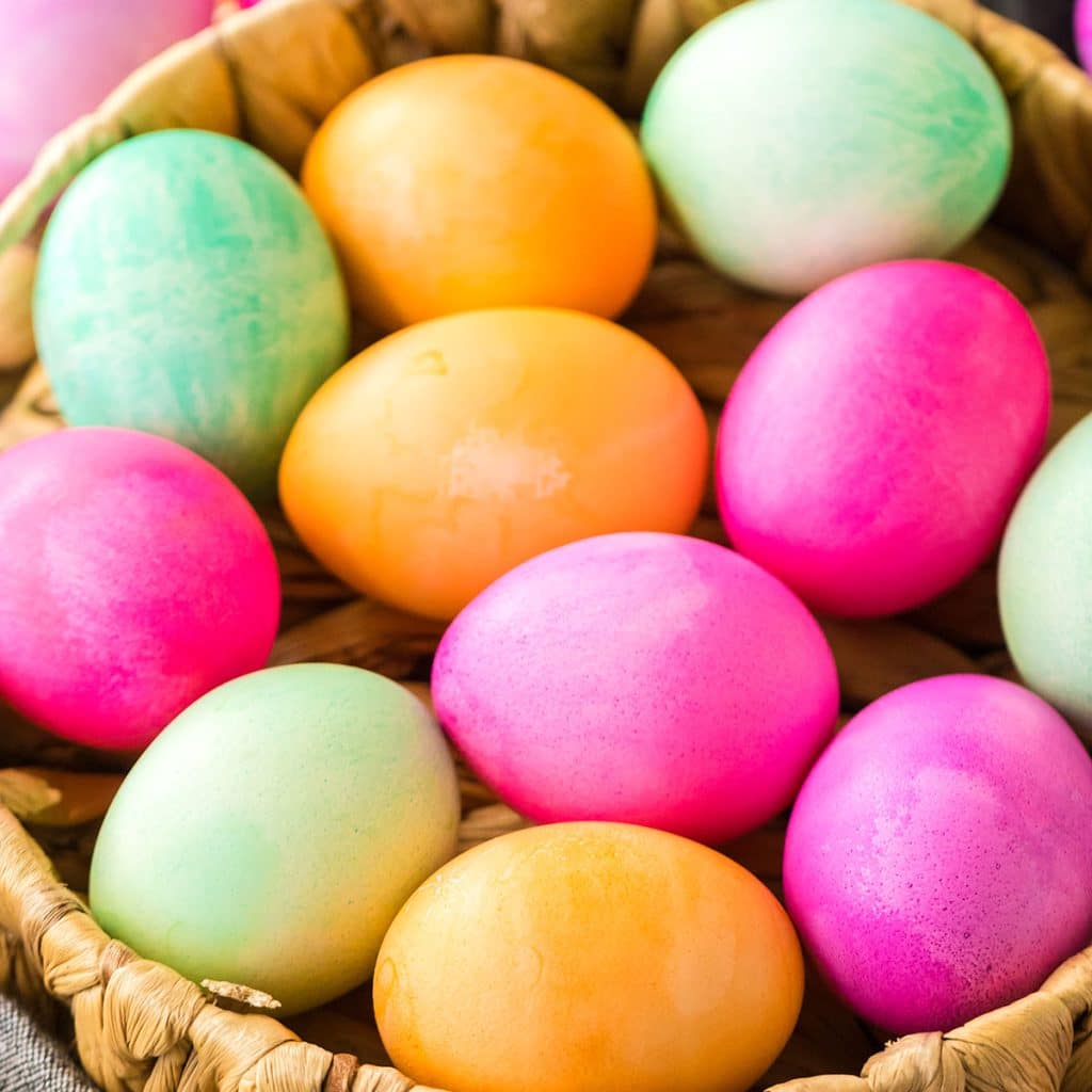 basket of colorful easter eggs.