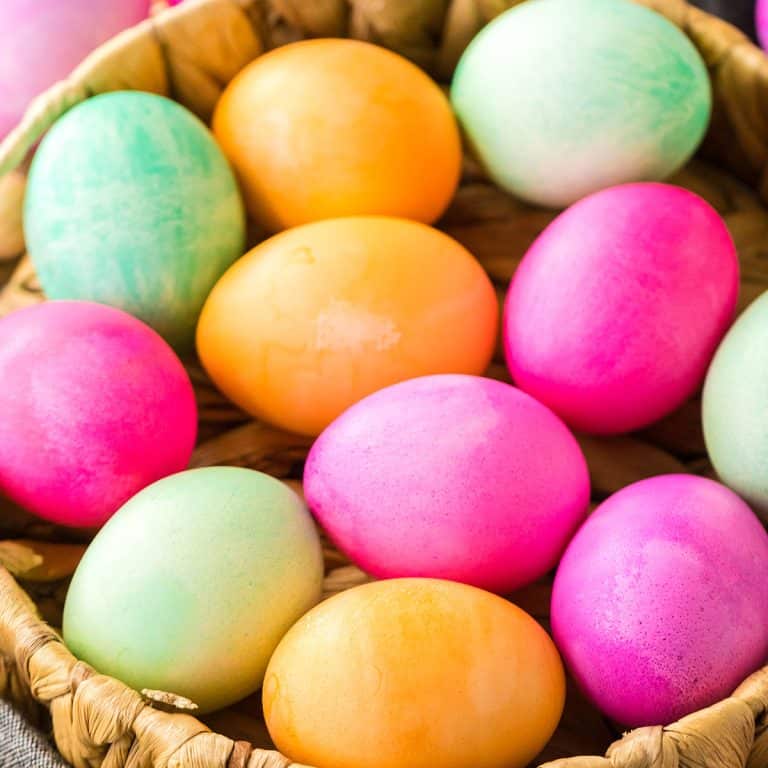 basket of colorful easter eggs.