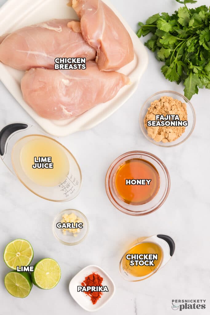 overhead shot of labeled ingredients laid out to make honey lime chicken.