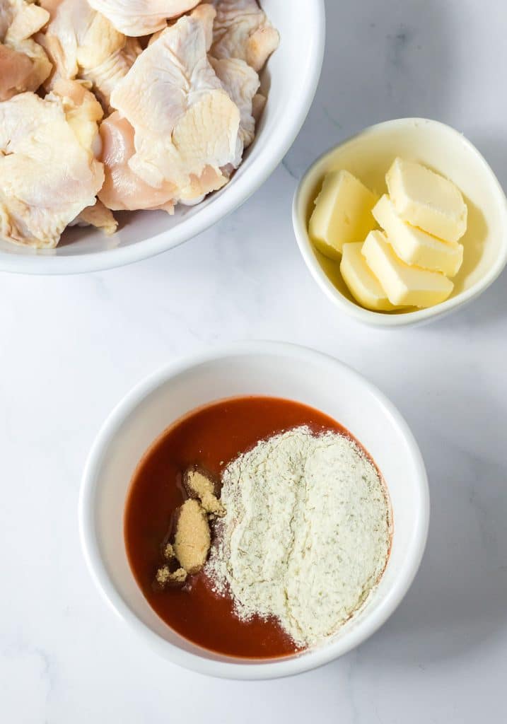 overhead shot of bowls making a sauce for chicken wings.