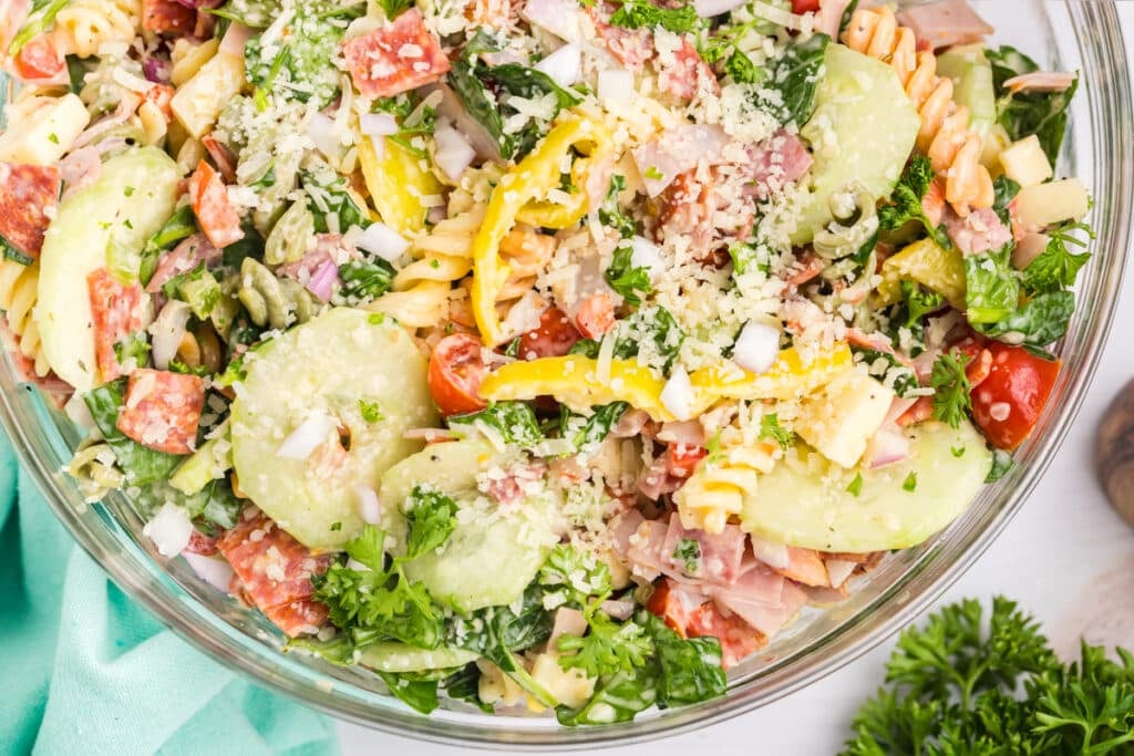 overhead shot of a hoagie pasta salad.