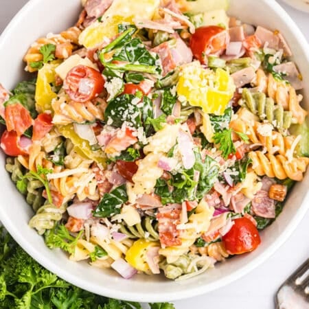 overhead shot of hoagie pasta salad in a bowl.