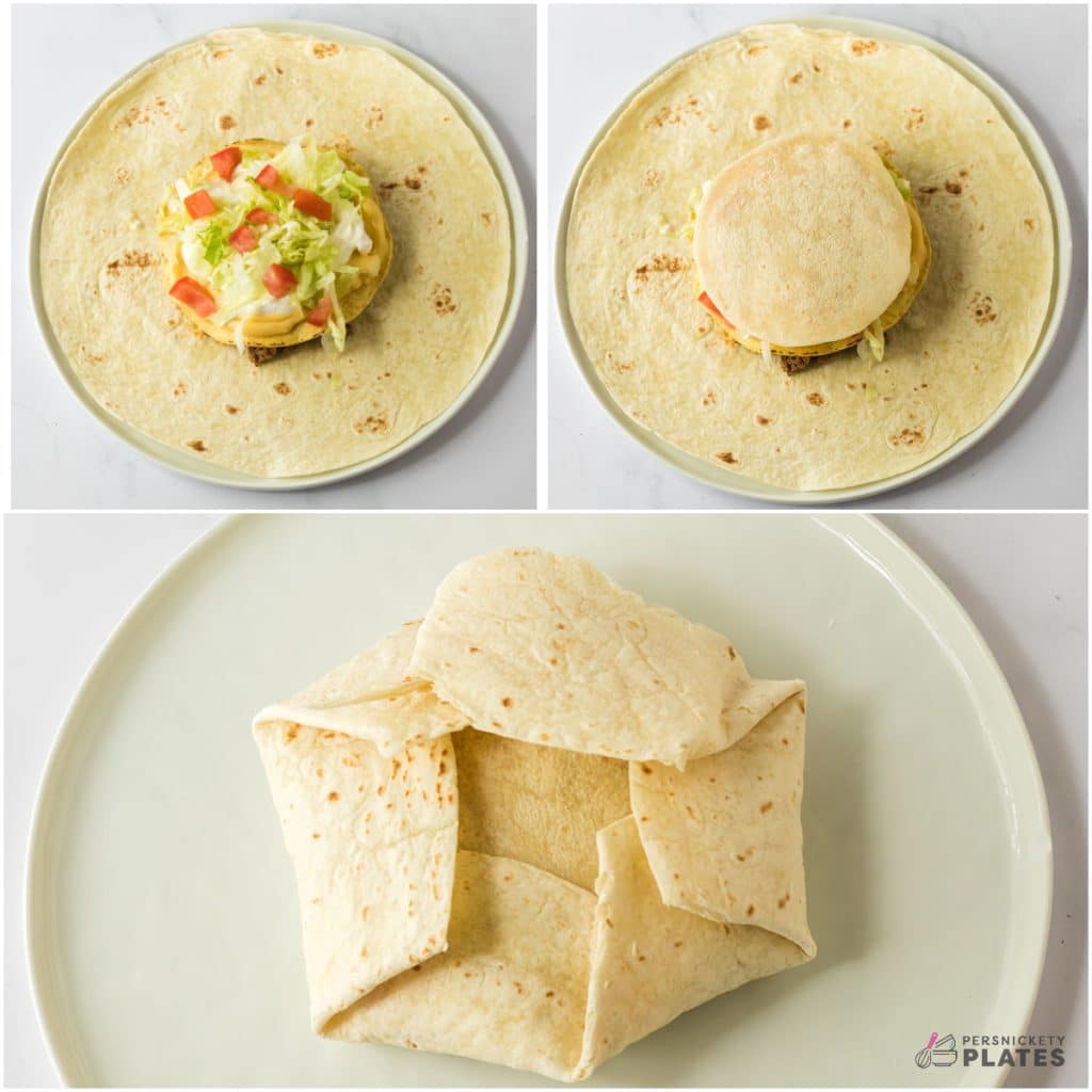 collage of 3 photos showing the assembly of a homemade crunch wrap.