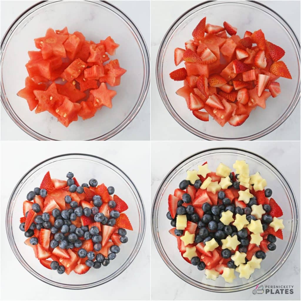 collage of 4 photos showing the process of assembling a fruit salad in a large bowl.