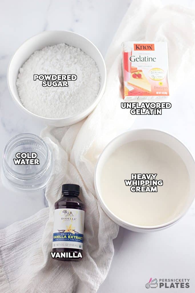 overhead shot of labeled ingredients laid out to make homemade cool whip.