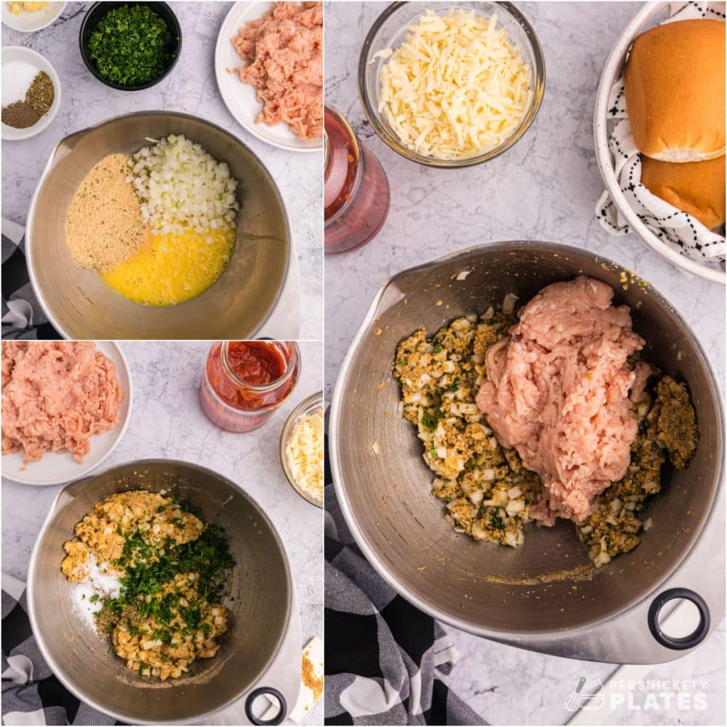 collage of 3 photos showing the collage of making chicken meatballs.