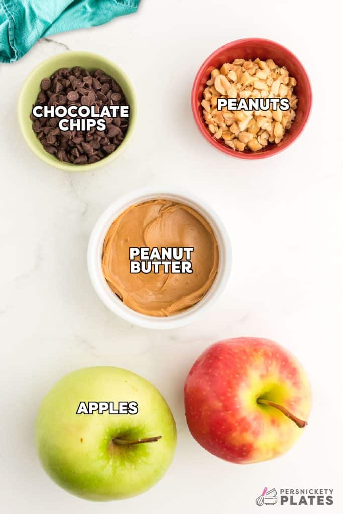 overhead shot of labeled ingredients laid out for apple nachos.