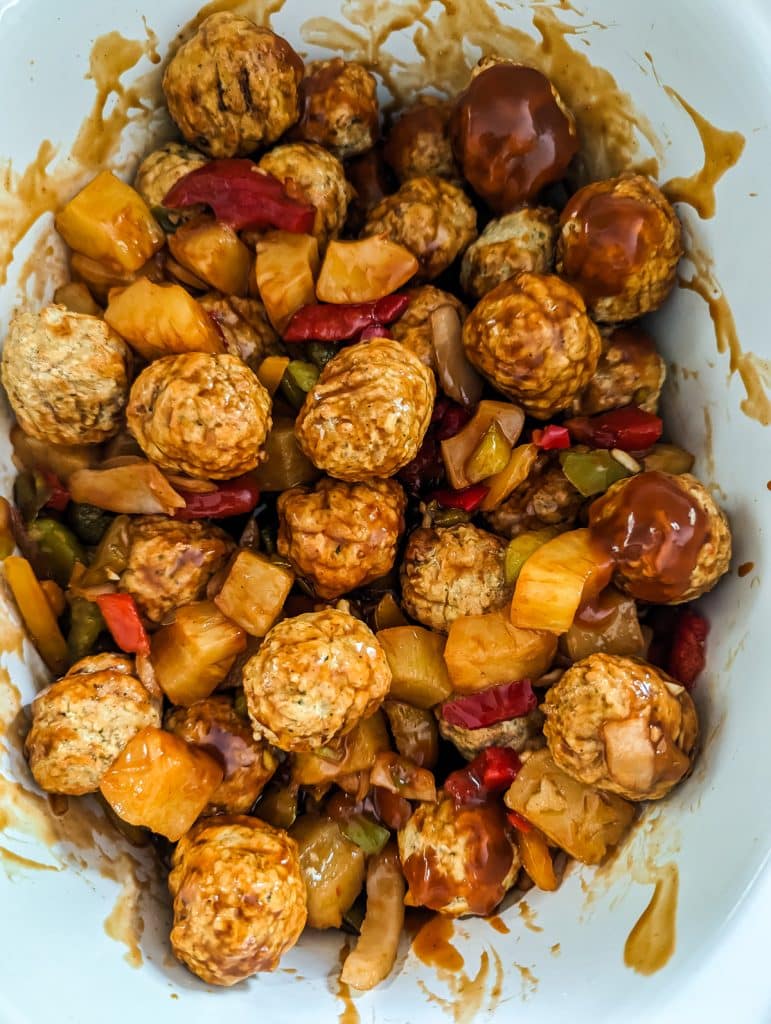 overhead shot of crockpot hawaiian meatballs.