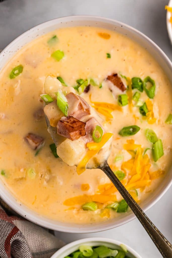 spoon lifting a bite of cheesy ham & potato soup from a bowl.
