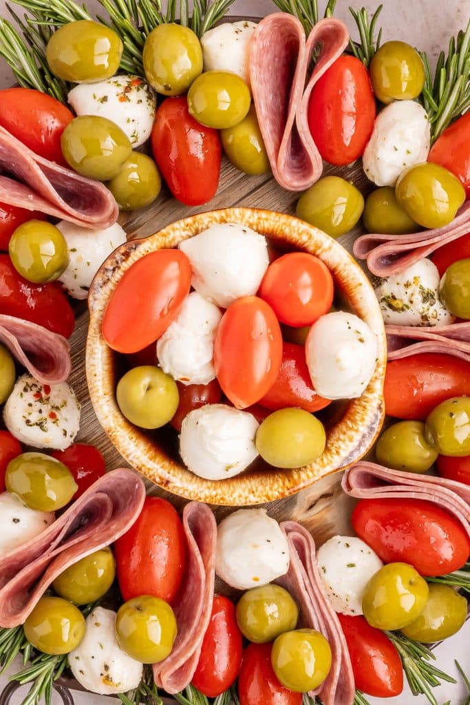 close up of a holiday antipasto platter.