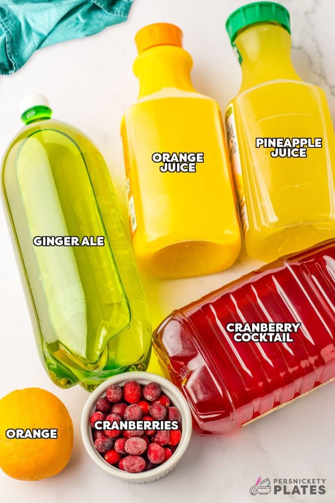 overhead shot of labeled ingredients laid out to make punch.