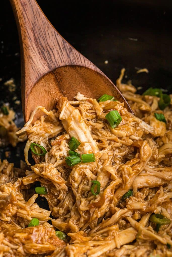 wooden spoon scooping teriyaki chicken from a slow cooker.