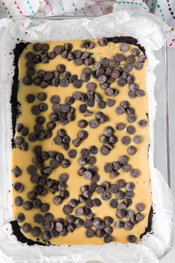 overhead shot of chocolate chips sprinkled in a baking dish.