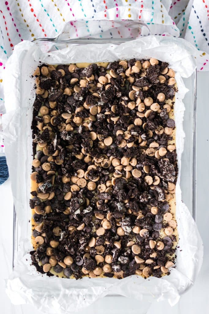 overhead shot of oreo magic bars before baking.
