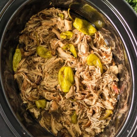 overhead shot of mississippi in a black crockpot.