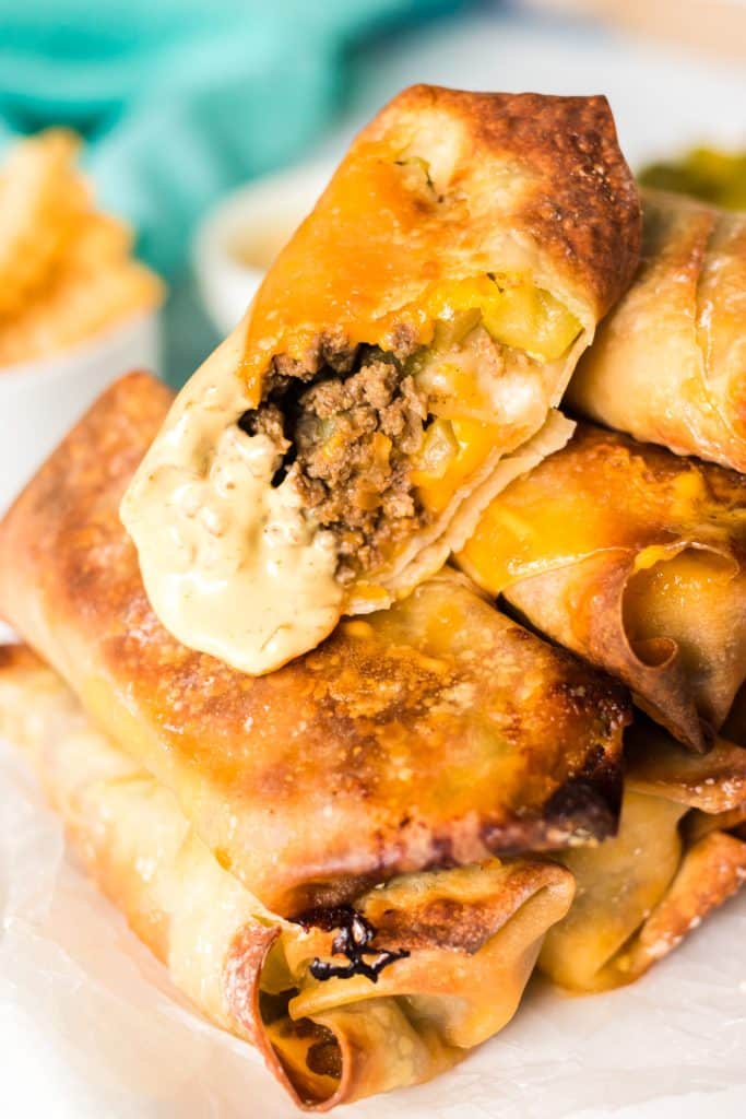 stack of cheeseburger egg rolls.