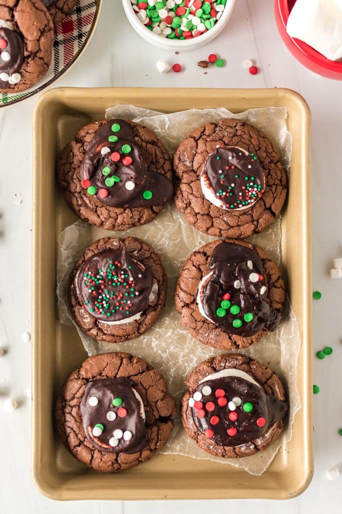 overhead shot of hot chocolate cookies on a baking sheet.