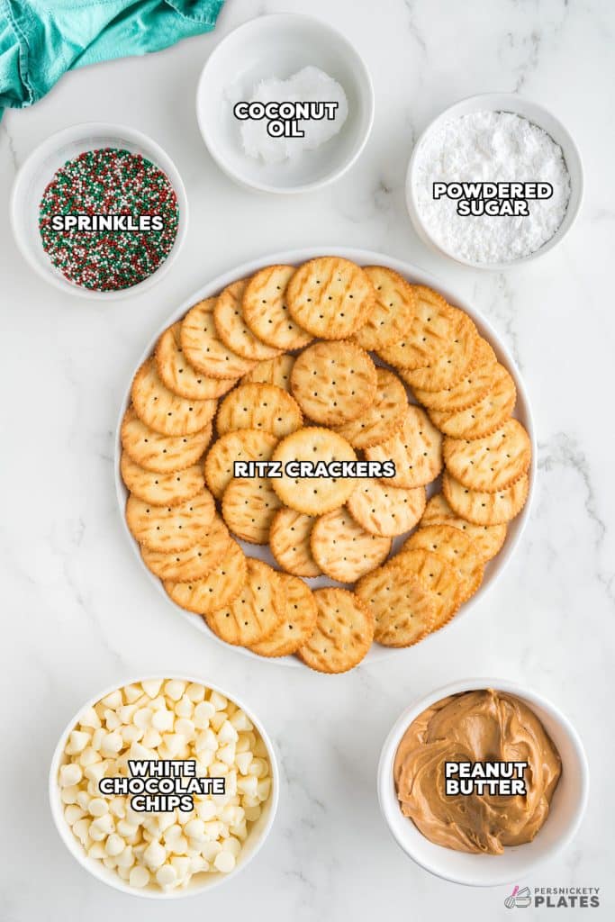 overhead shot of labeled ingredients laid out to make ritz cracker cookies.