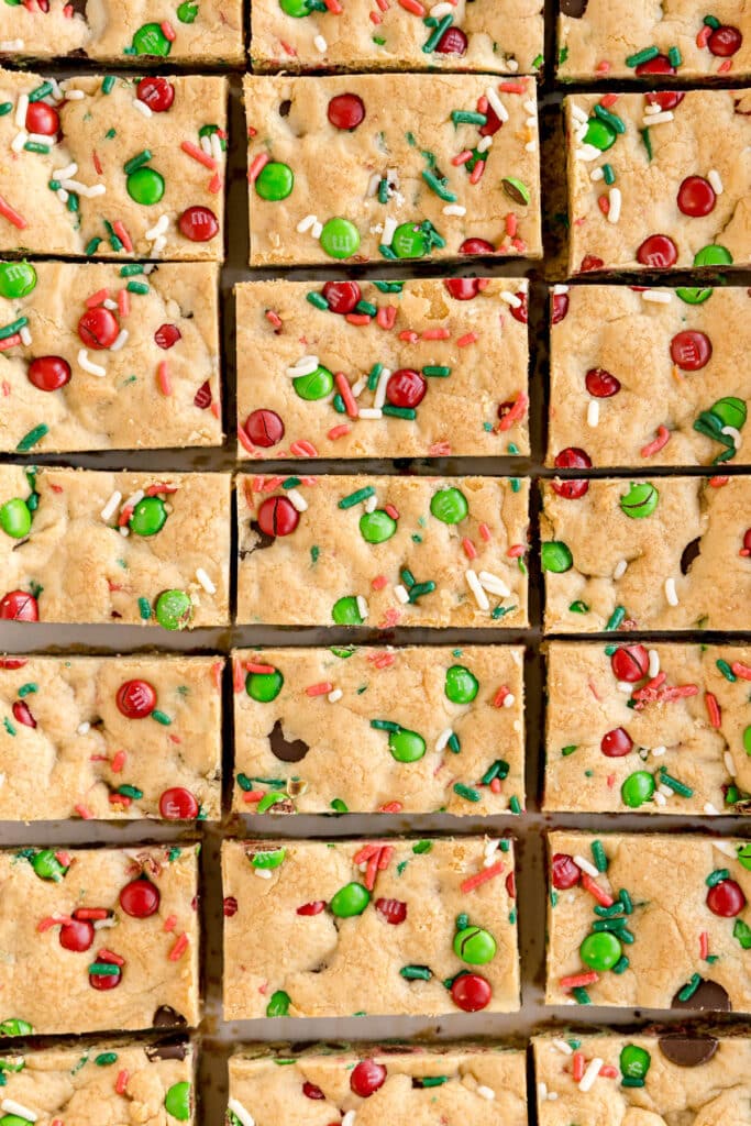overhead shot of sliced christmas cookie bars.