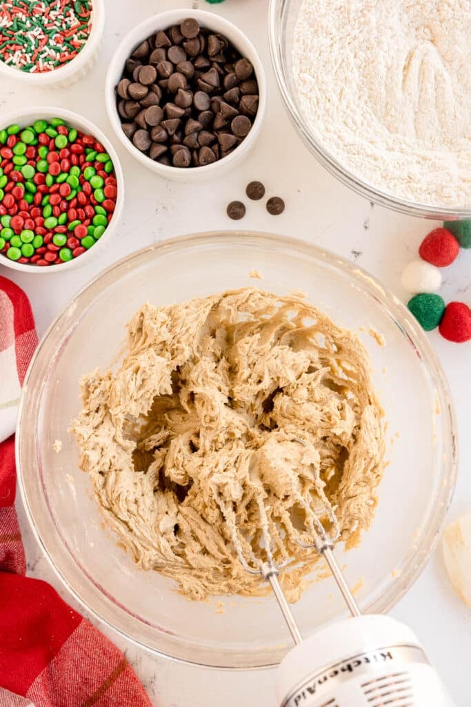 overhead shot of cookie dough in a bowl.