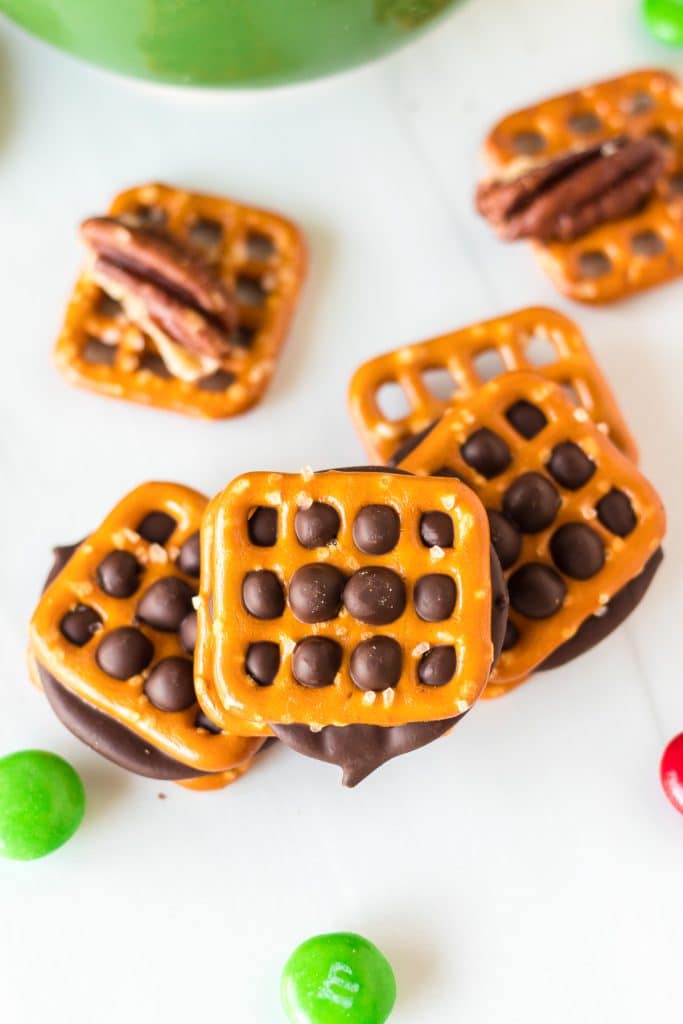 overhead shot of two pretzels with a rolo sandwiched between.