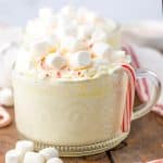 mug of peppermint white hot chocolate topped with marshmallows.