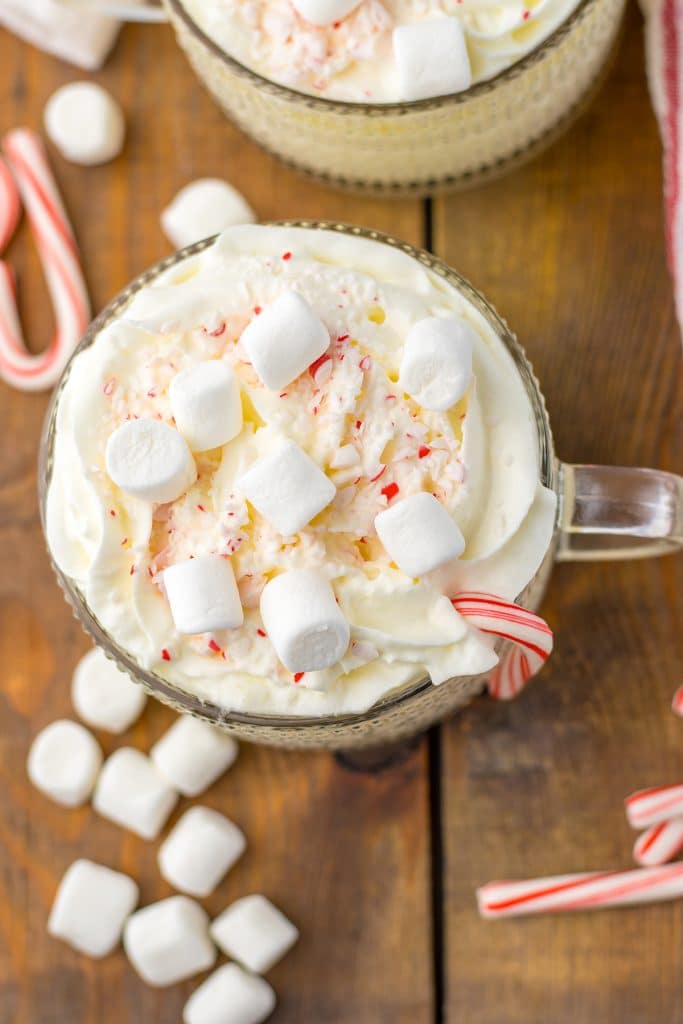 overhead shot of peppermint white hot chocolate in a mug.