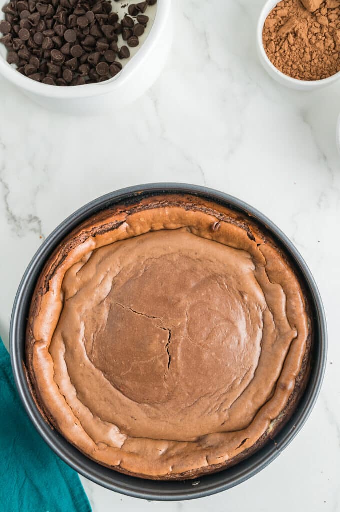 overhead shot of a chocolate cheesecake.