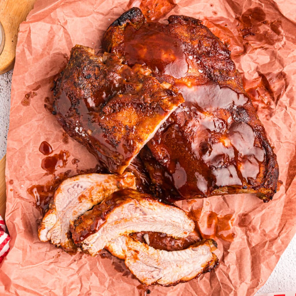 overhead shot of sliced ribs.