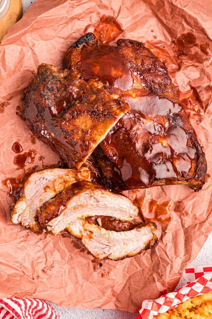 overhead shot of a slab of coke ribs.