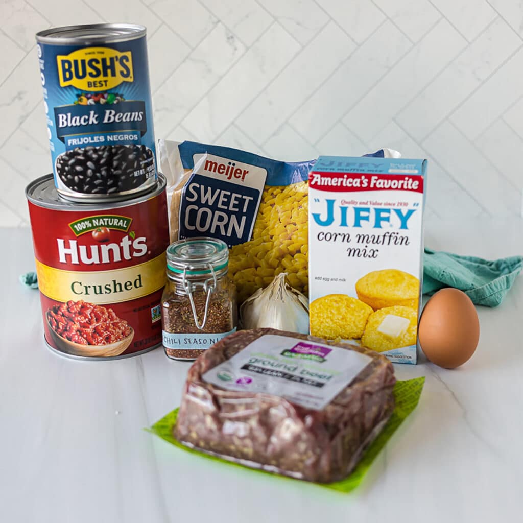 ingredients laid out to make chili cornbread casserole.