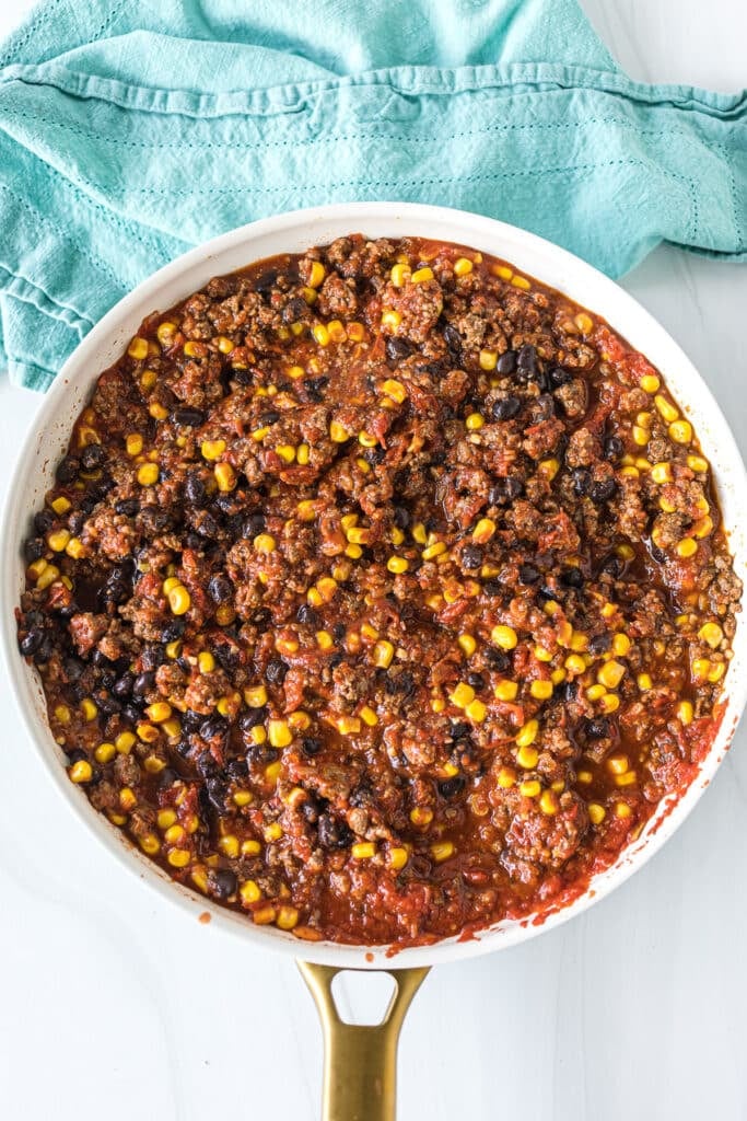 overhead shot of chili in a skillet.