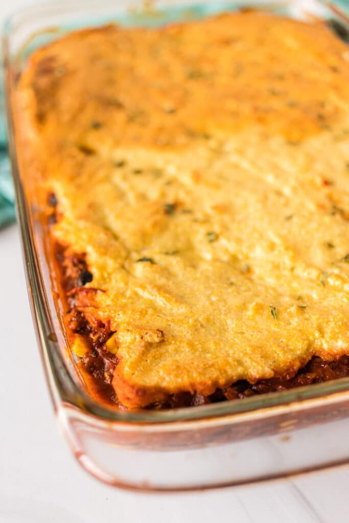 cornbread chili casserole in a baking dish.