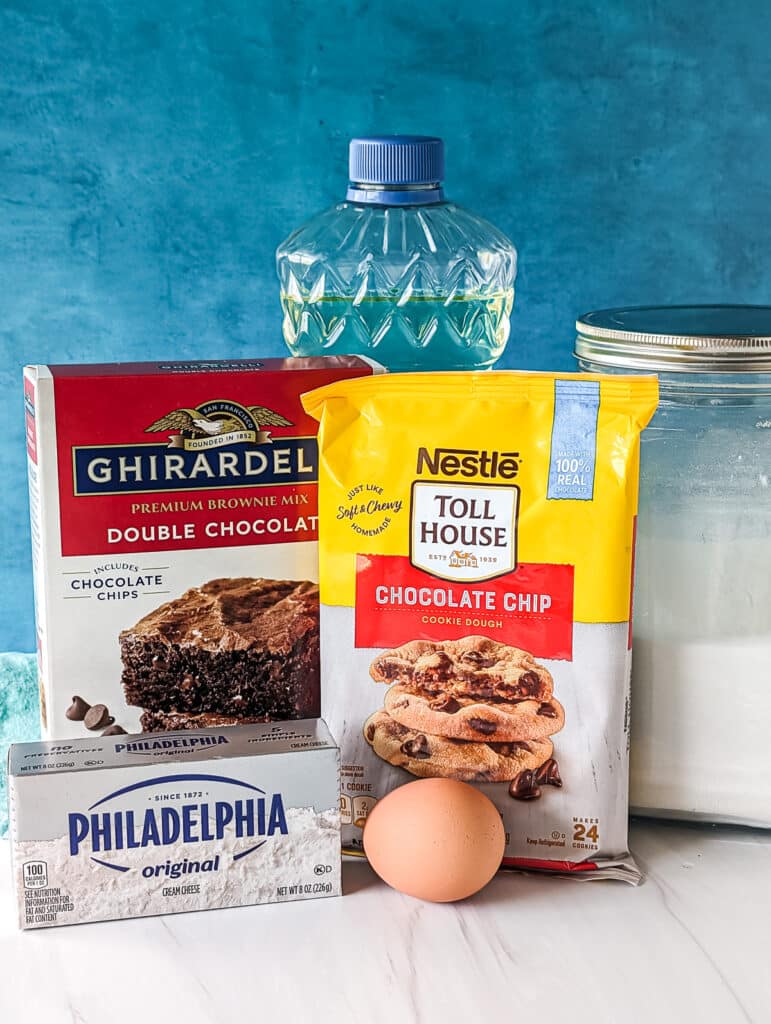 cookie dough, brownie mix, cream cheese, egg and oil.