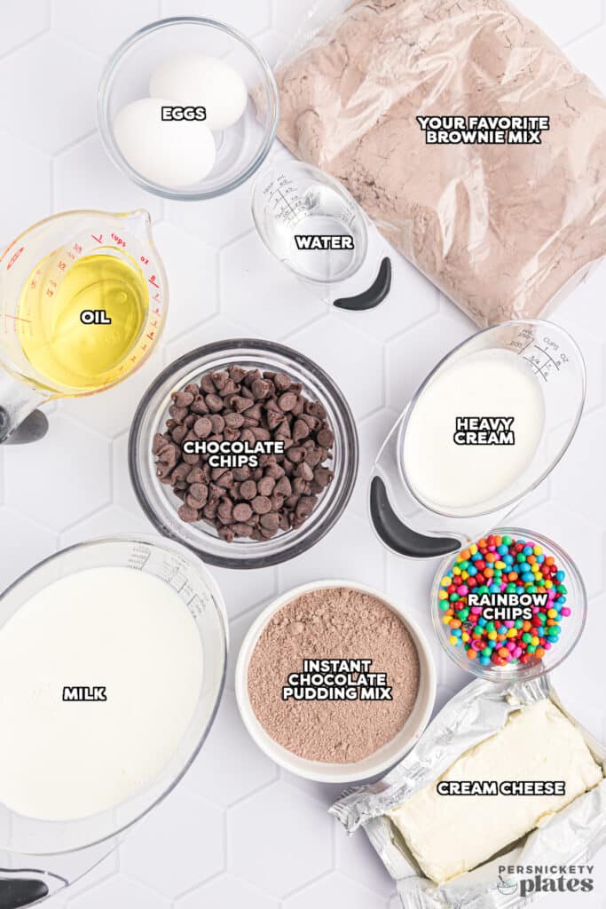 overhead shot of labeled ingredients laid out to make a brownie lush.