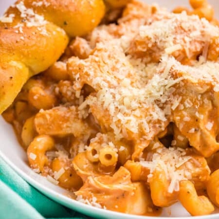 creamy chicken pasta topped with parmesan and a breadstick.