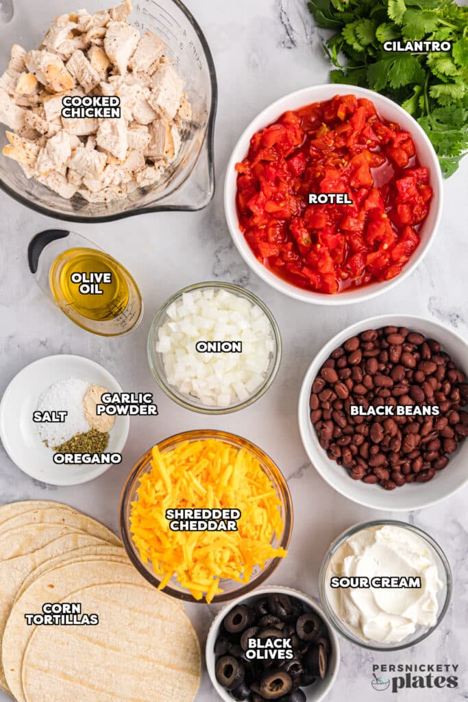 overhead shot of labeled ingredients laid out to make a crockpot chicken enchilada casserole.