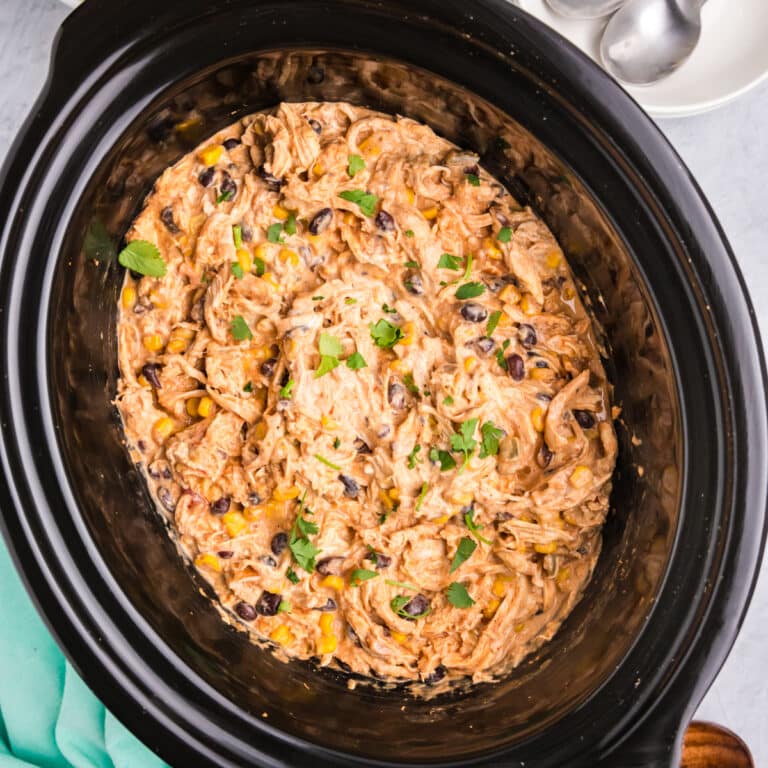 overhead shot of crockpot fiesta chicken in a slow cooker.