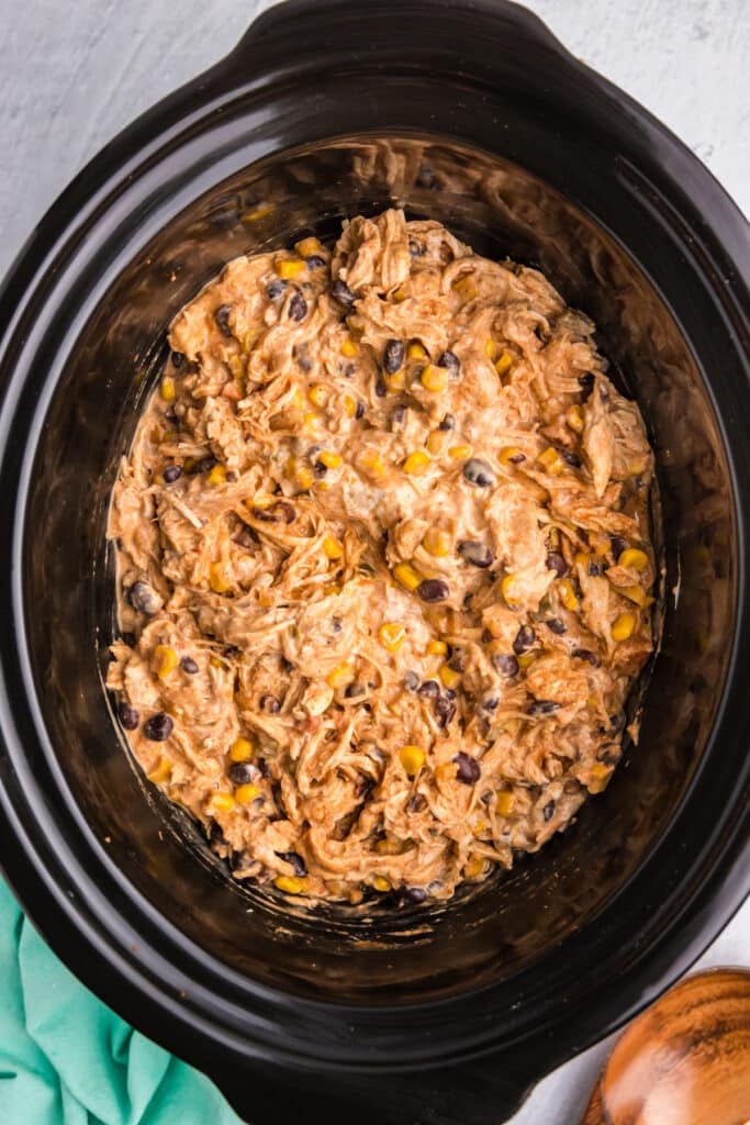 overhead shot of creamy slow cooker fiesta chicken.