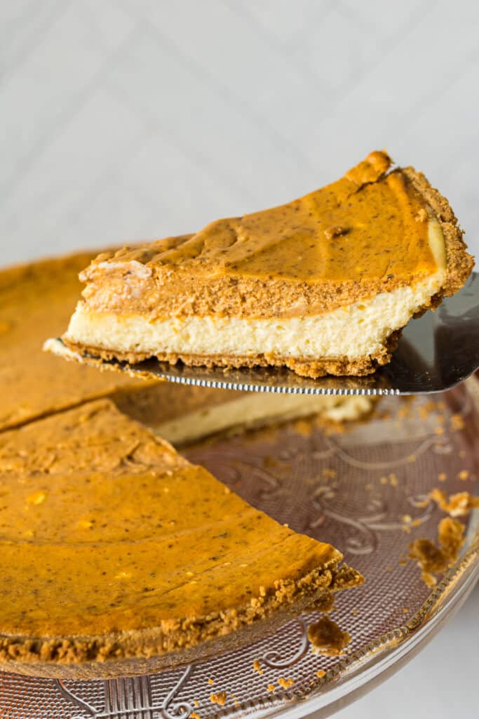 slice of layered pumpkin cheesecake being lifted from the cake.