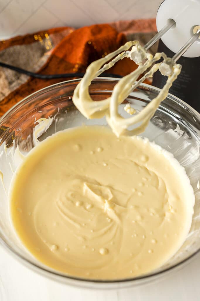 cheesecake batter in a mixing bowl.