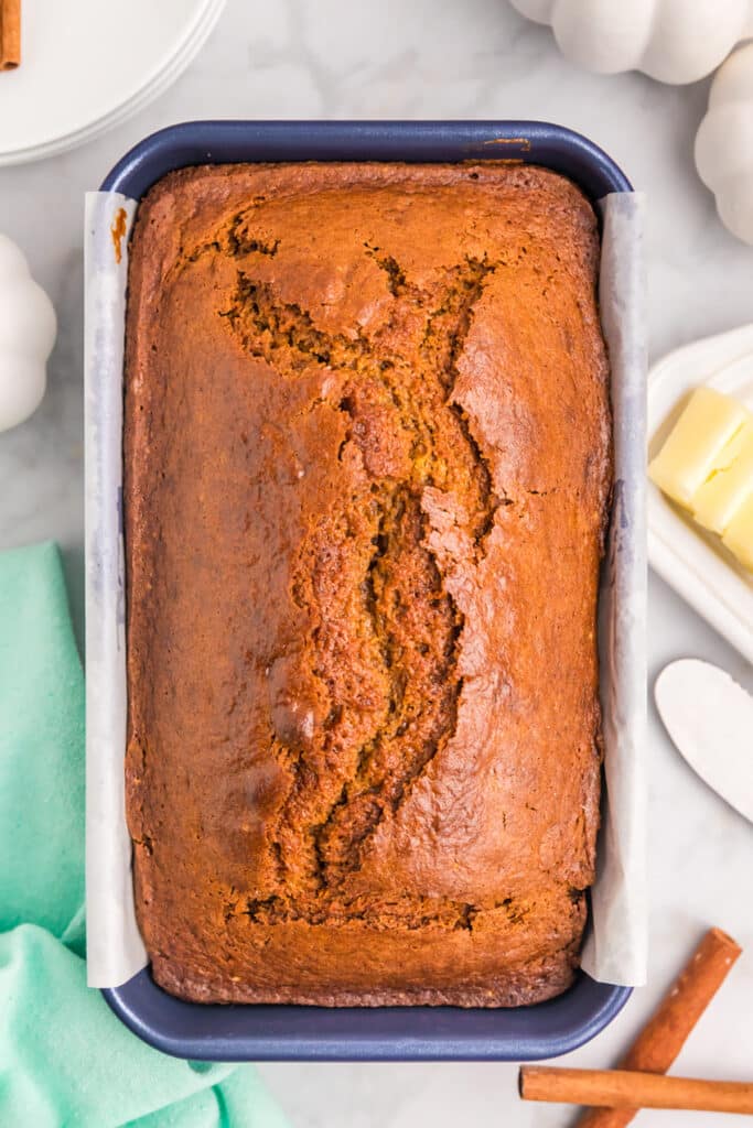 overhead shot of loaf of pumpkin bread.
