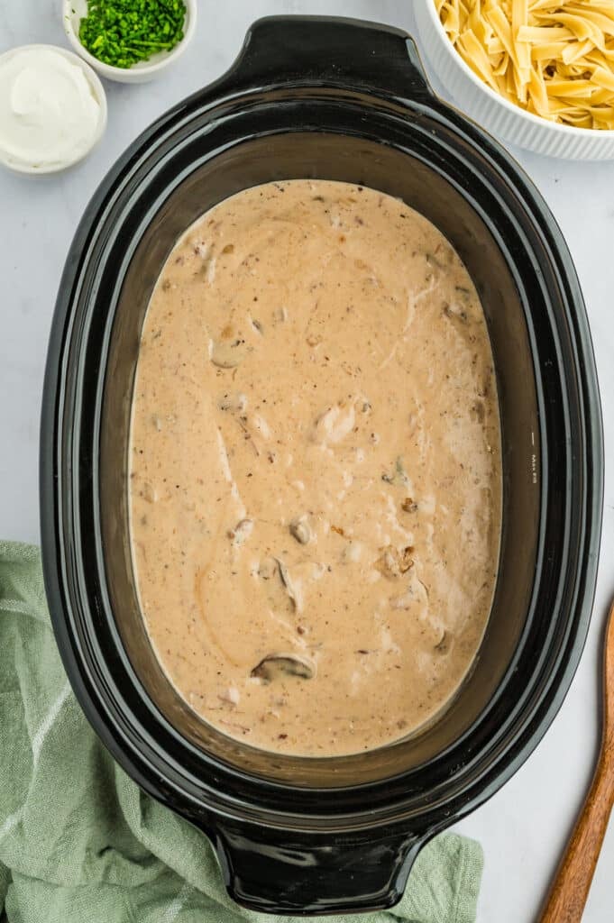 overhead shot of beef stroganoff in a crockpot.